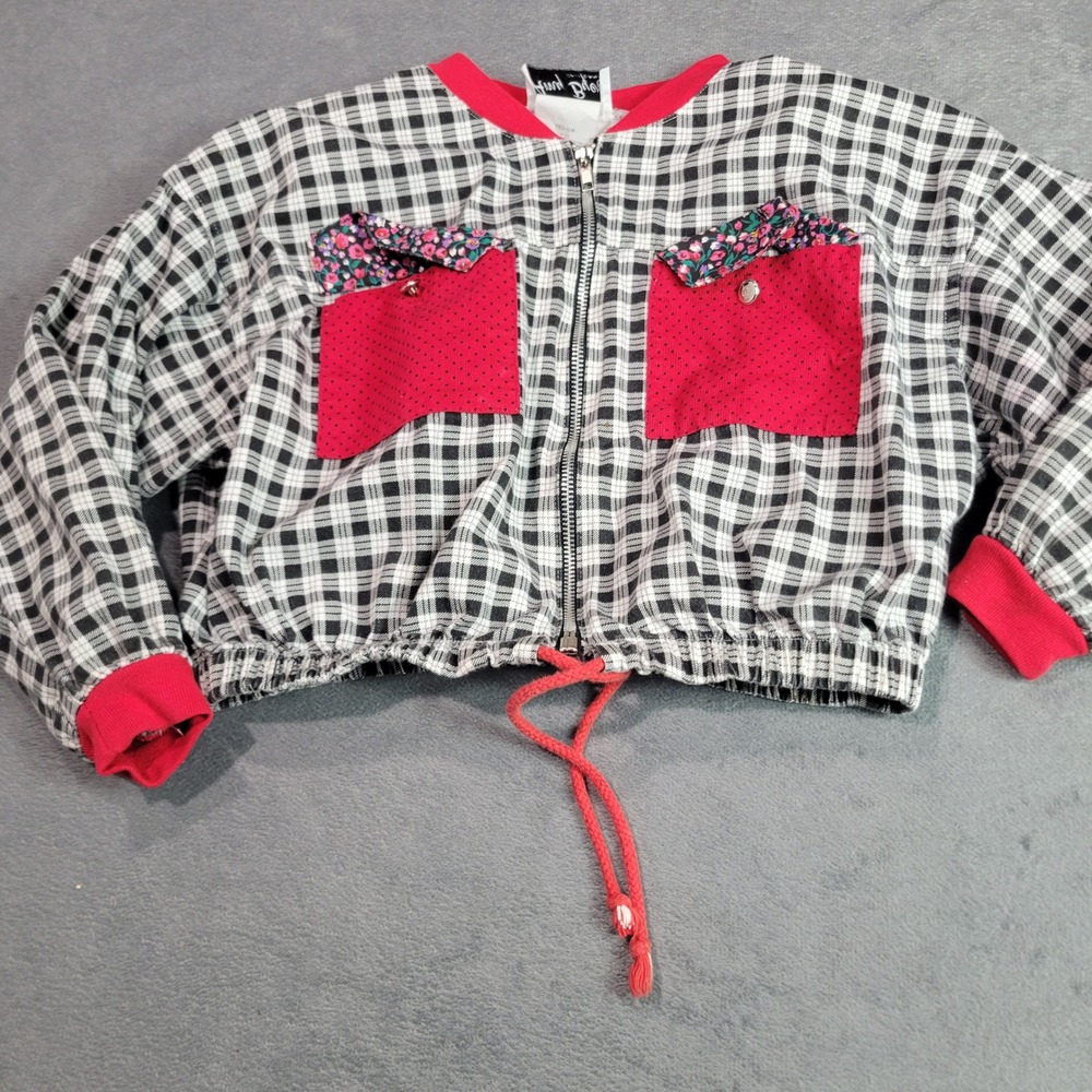 Amy Byer Jacket Girls M 10-12 Black White Red Plaid Vintage 90s‎ Cropped Zip Up